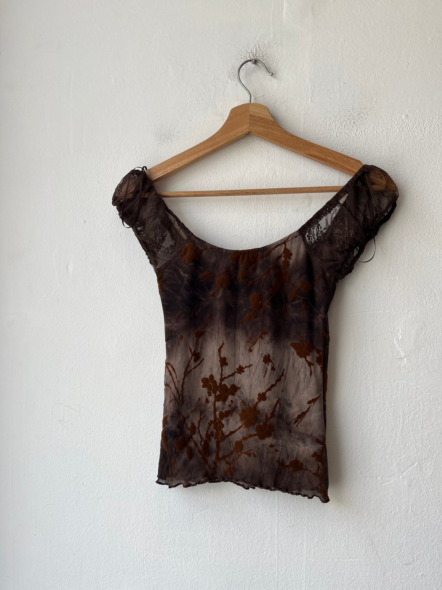 Y2K Brown Floral Mesh Top