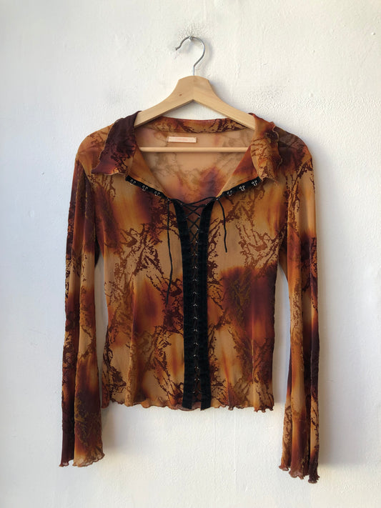 90's Sheer Lace Up Blouse