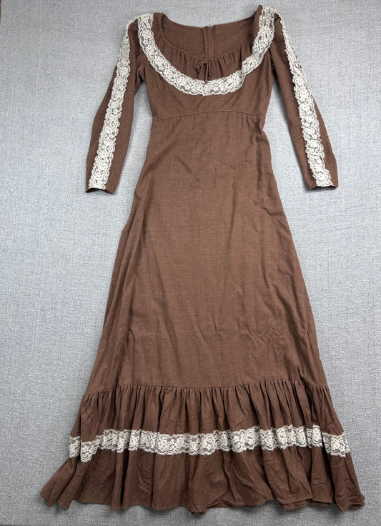 70's Sylvia Ann Brown Lace Maxi Dress