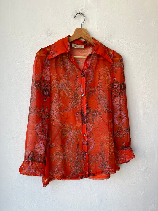 70's Sheer Orange Button Down Shirt