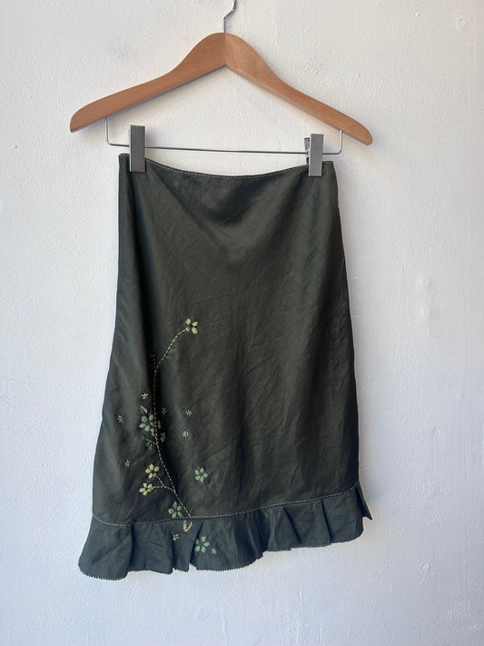 Y2K Olive Floral Embroidered Skirt 25"