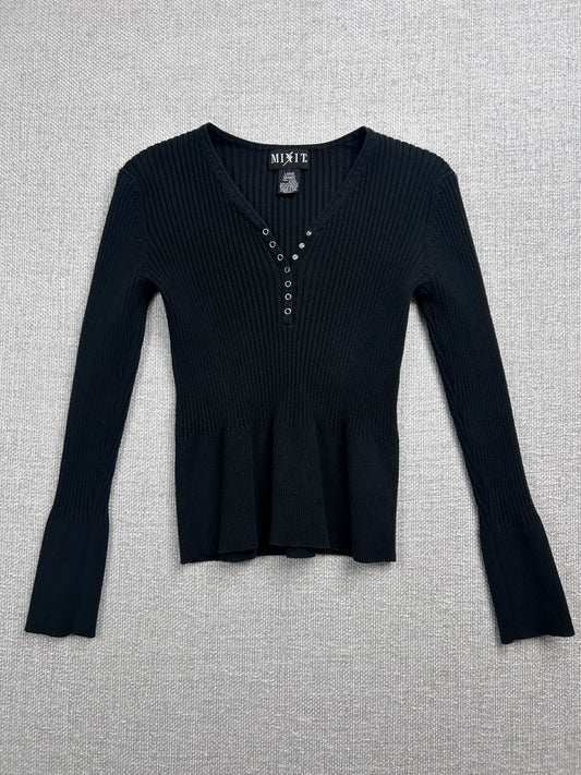 Y2K Black Ribbed Henley Top
