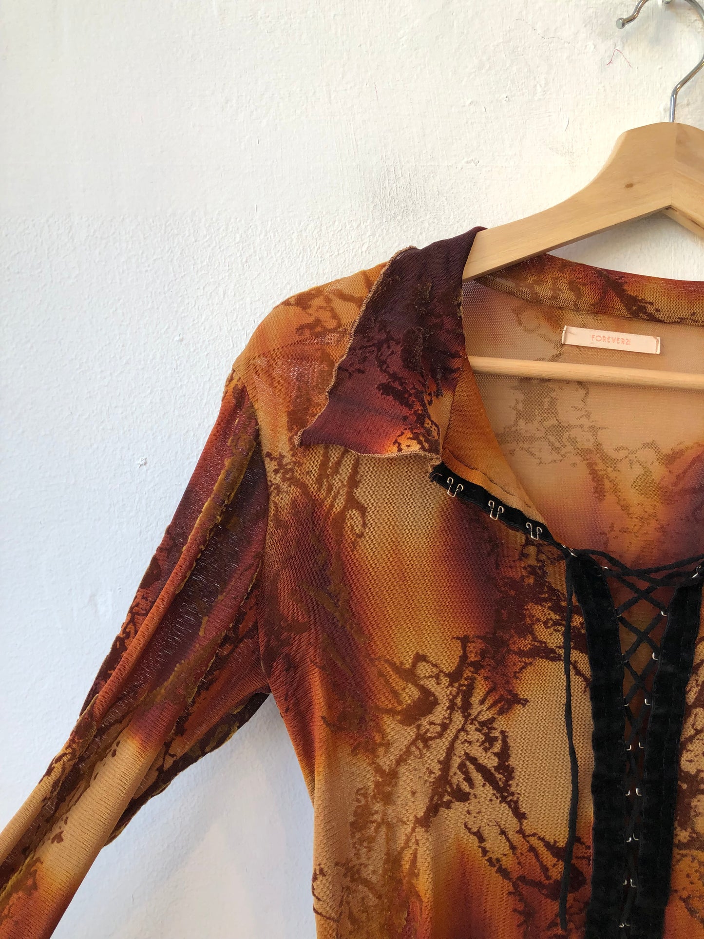 90's Sheer Lace Up Blouse