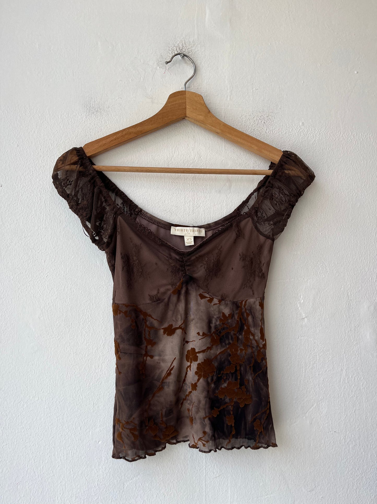Y2K Brown Floral Mesh Top
