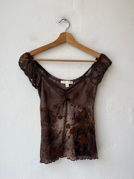 Y2K Brown Floral Mesh Top