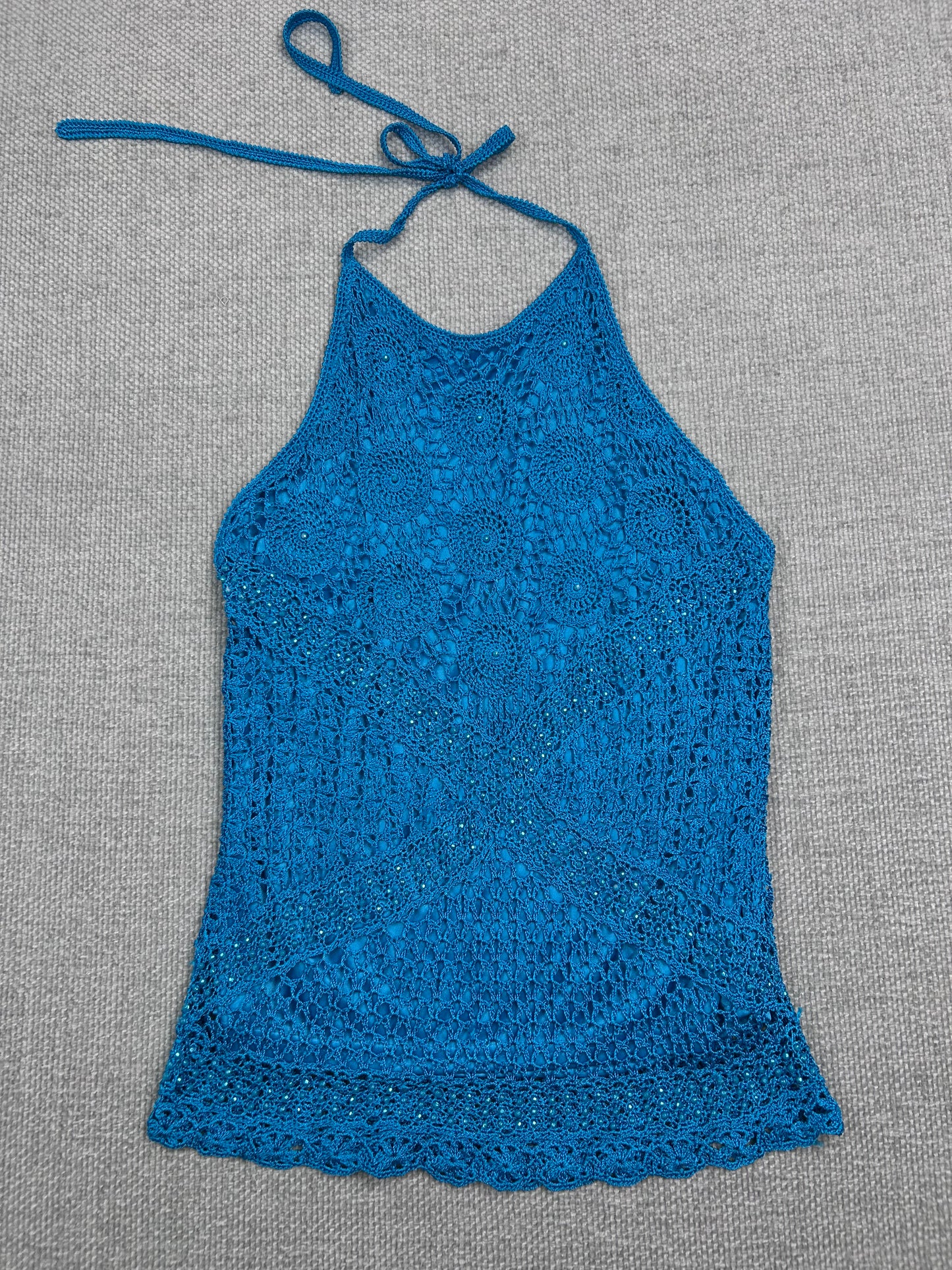Y2K Blue Crochet Beaded Halter Top