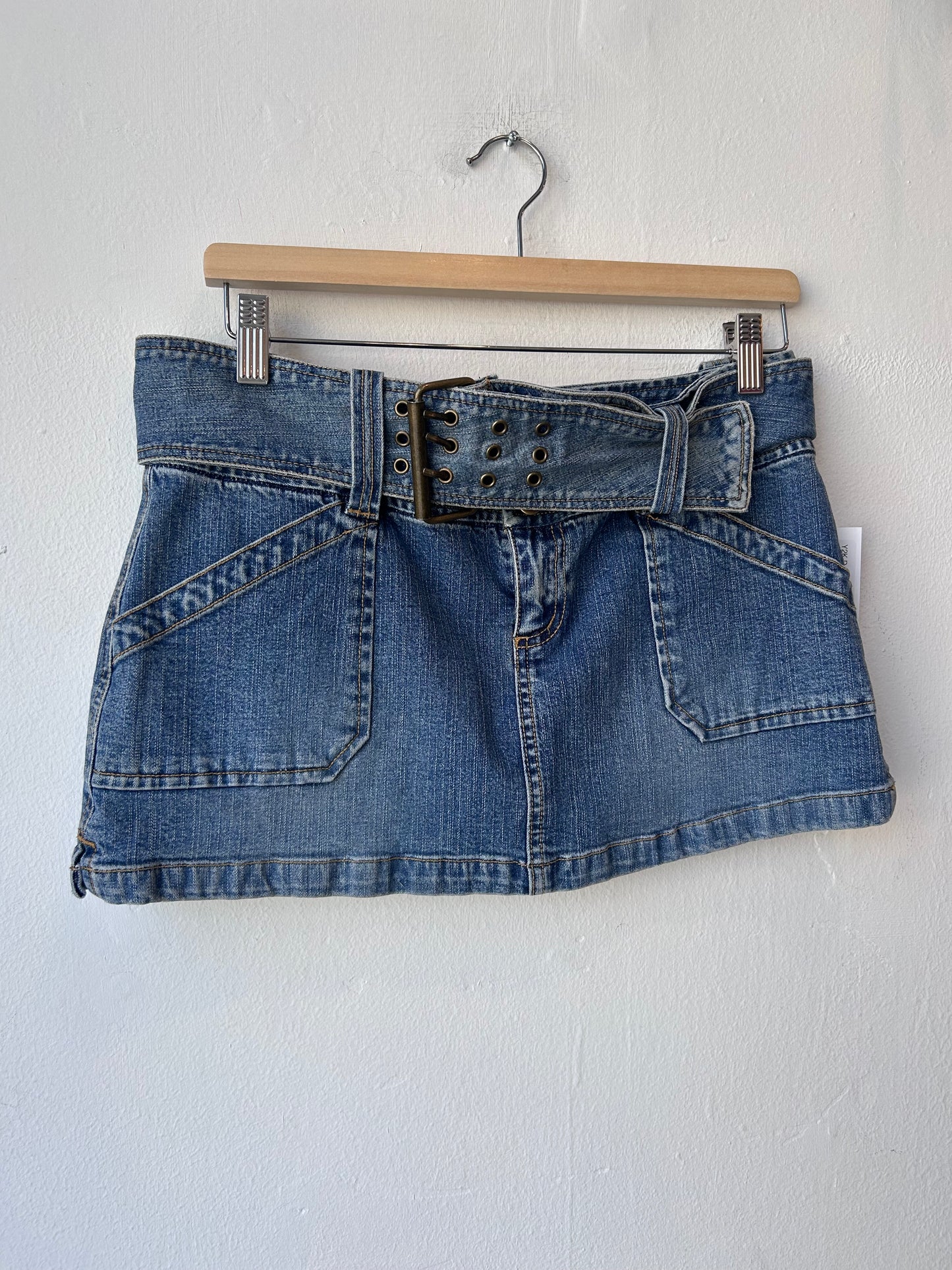 Y2K Denim Belted Mini Skirt 32”