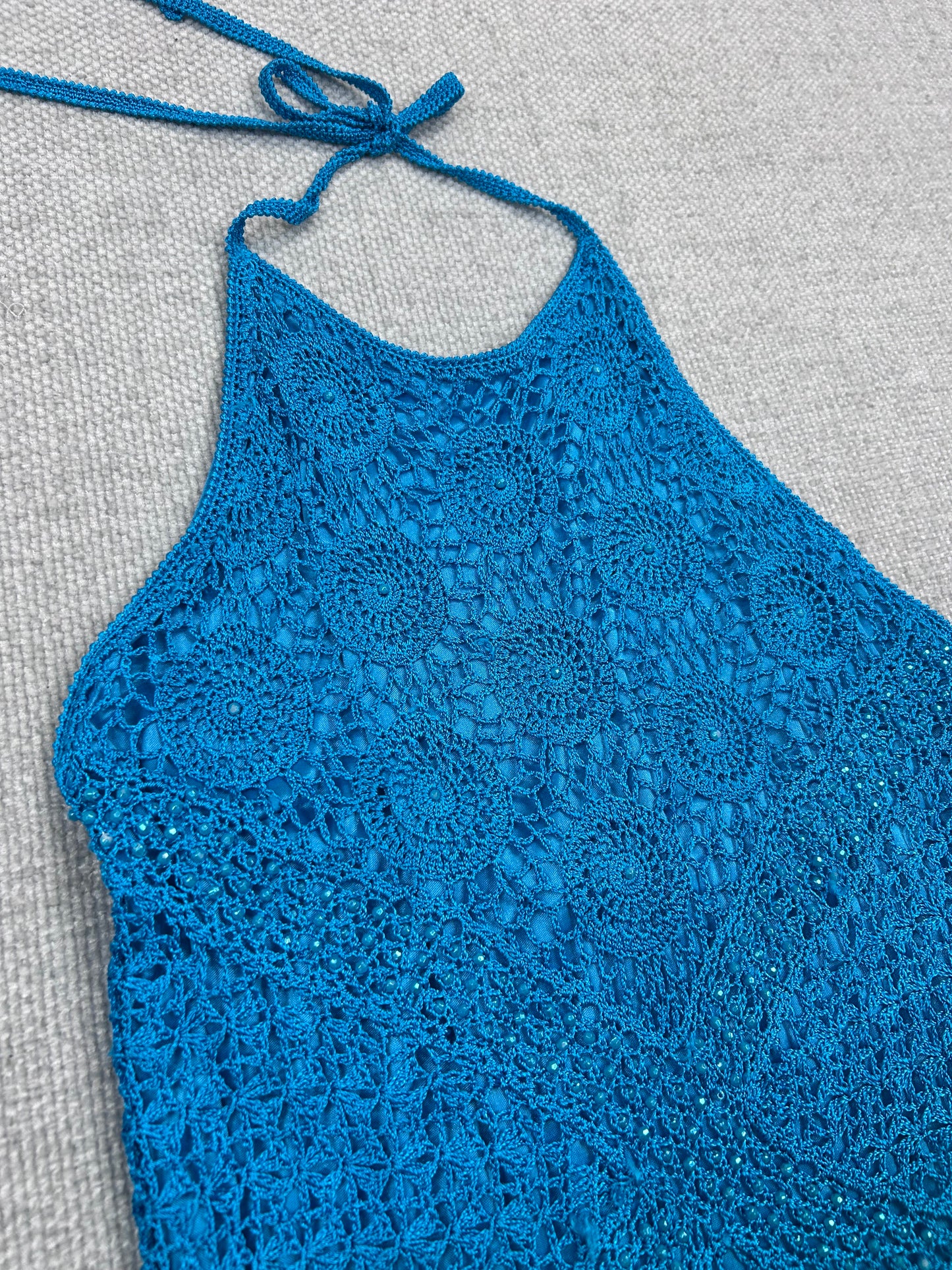 Y2K Blue Crochet Beaded Halter Top