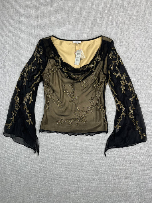 Y2K Beaded Bell Sleeve Mesh Top