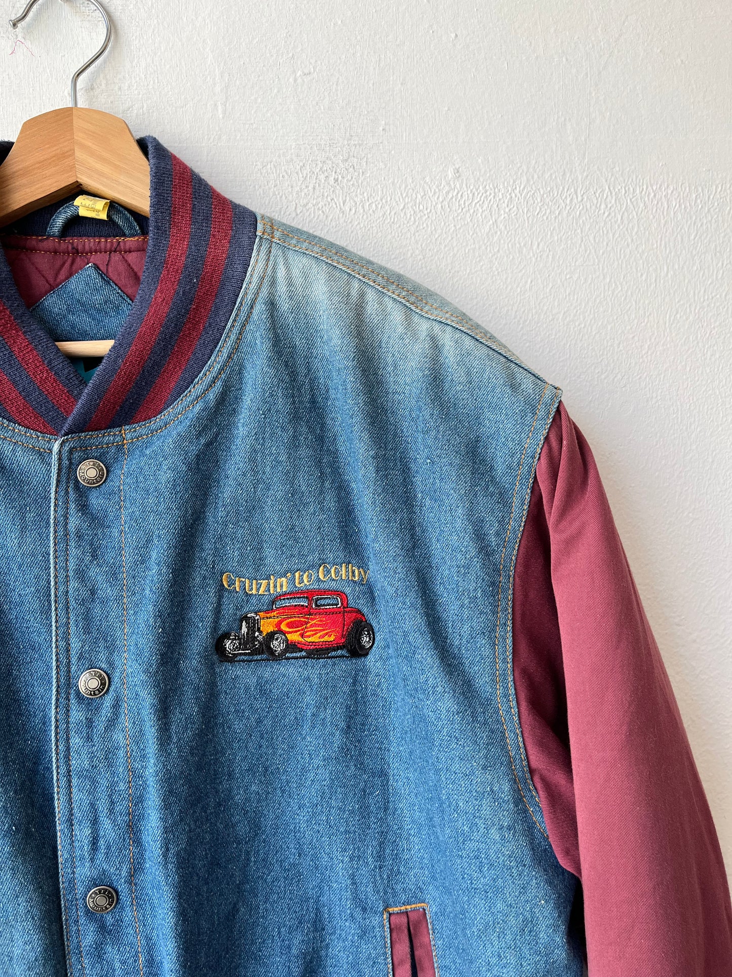 Y2K Maroon Denim Bomber Jacket