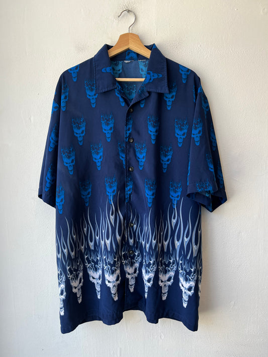 Y2K Blue Skull Button Up Shirt