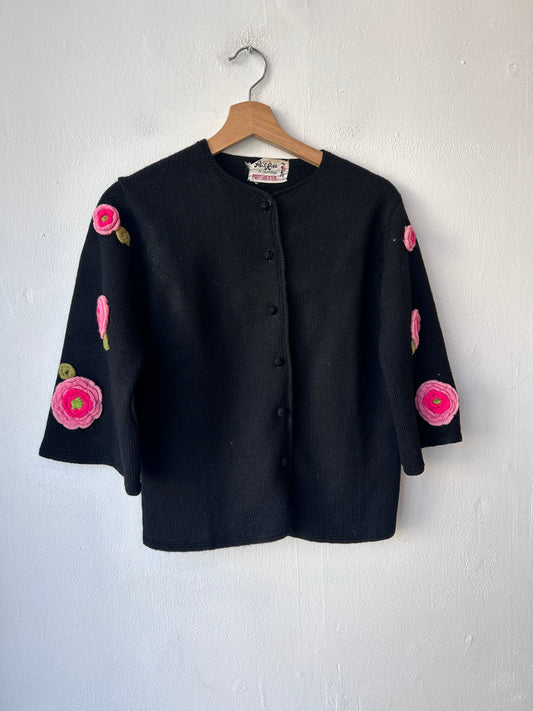 60's Black Knit Floral Appliqué Sweater