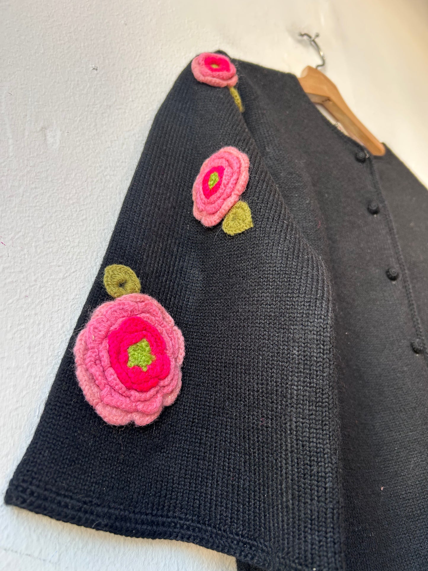 60's Black Knit Floral Appliqué Sweater