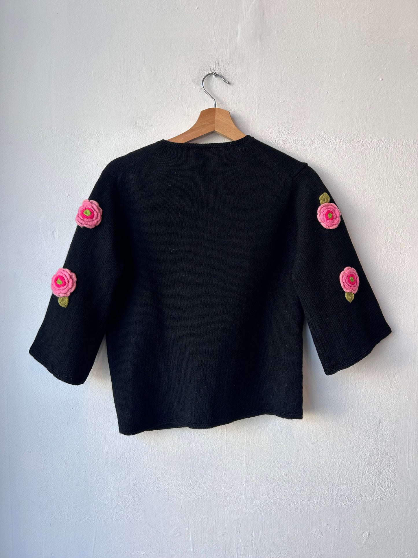 60's Black Knit Floral Appliqué Sweater