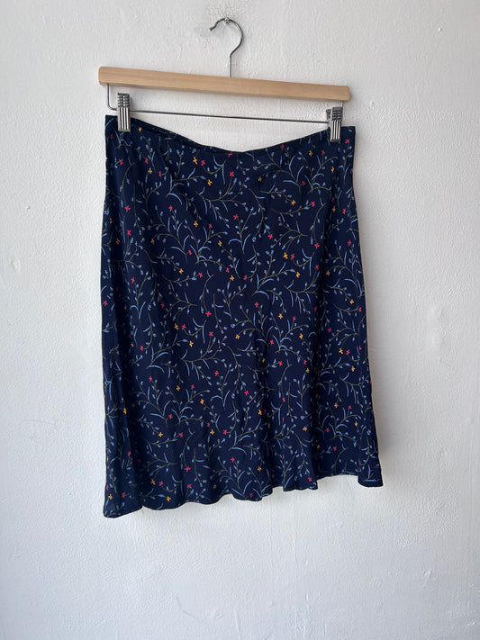 Y2K Navy Floral Rayon Midi Skirt 30-32"