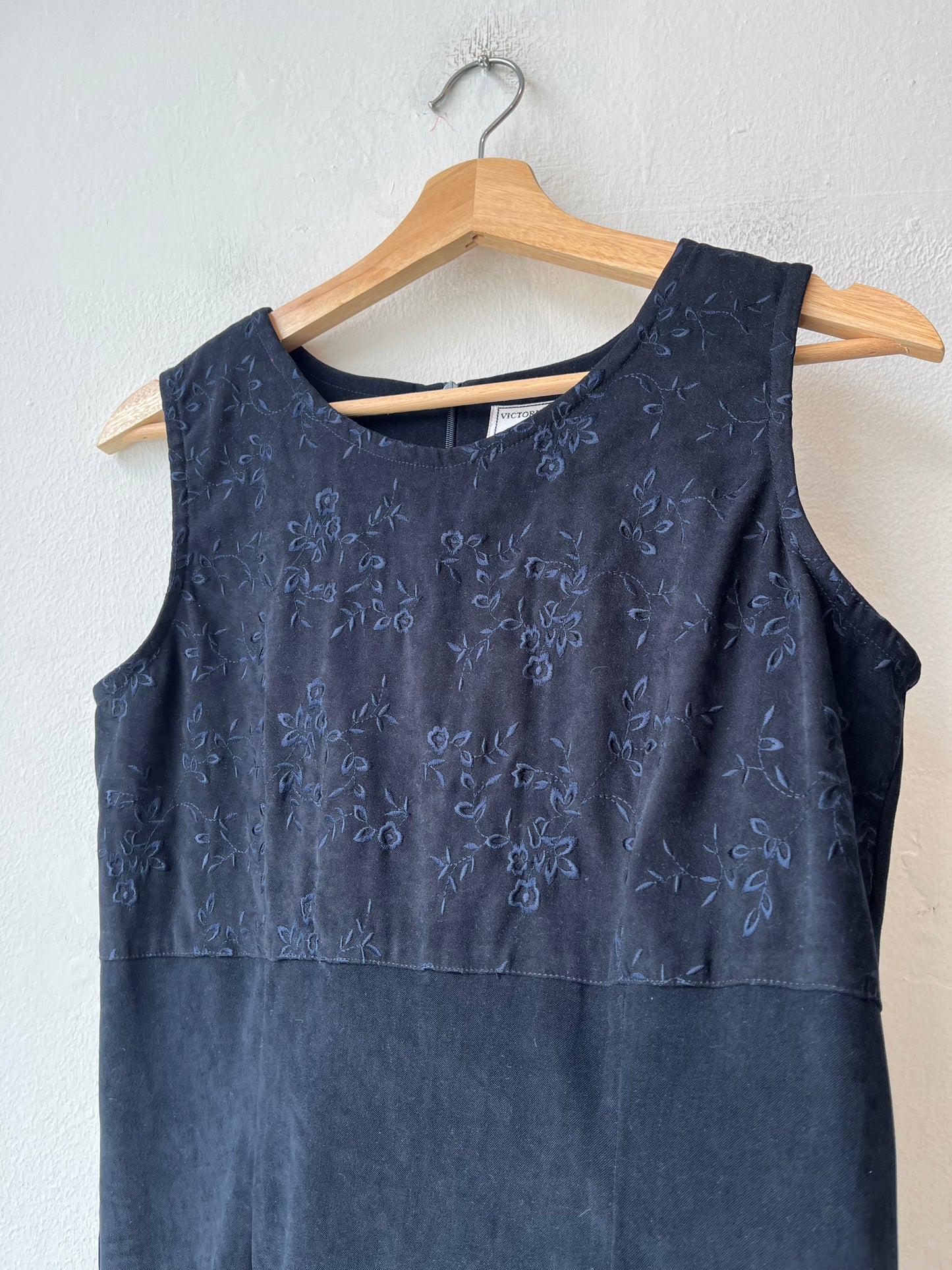 90's Black Embroidered Midi Dress