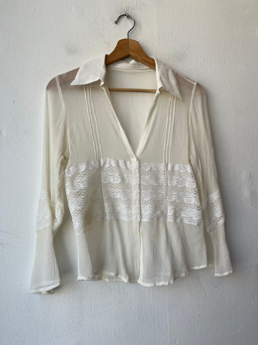 90's White Silk Collared Blouse