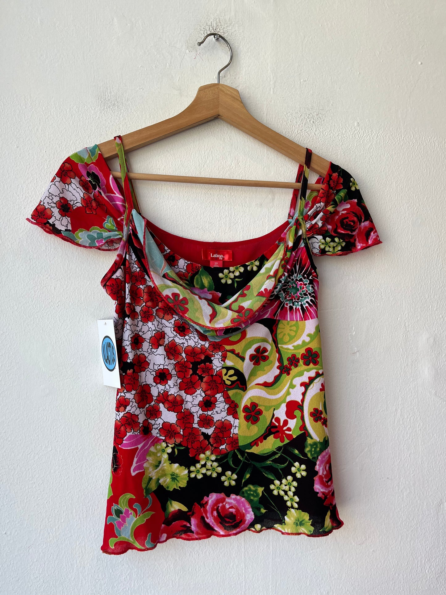 Y2K Floral Mesh Cowl Neck Top