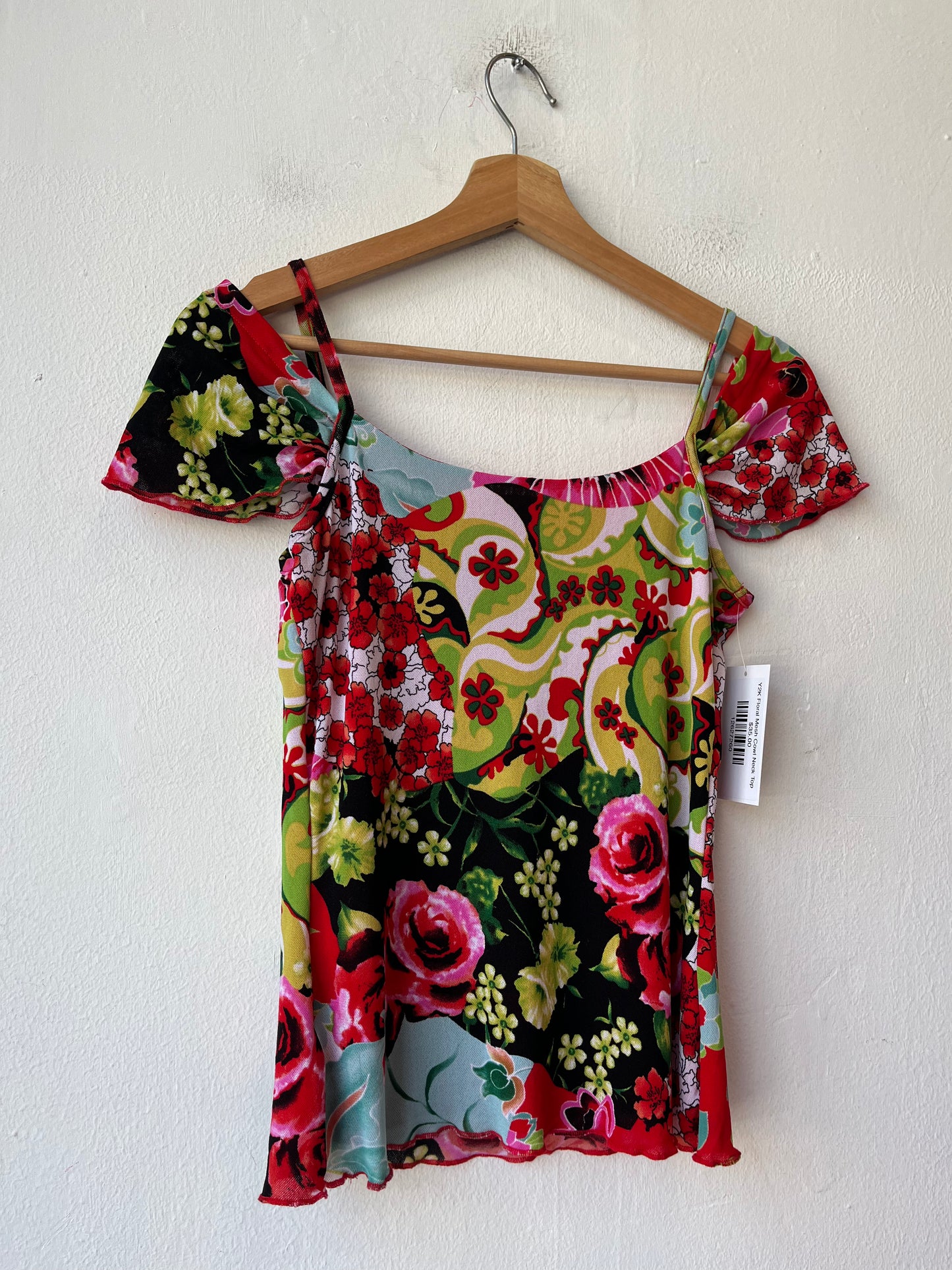 Y2K Floral Mesh Cowl Neck Top