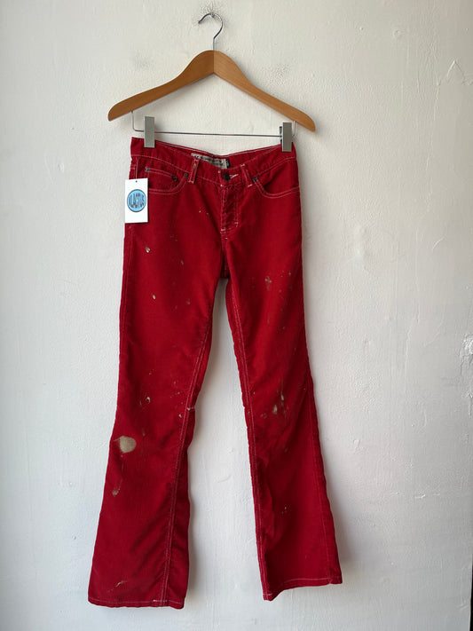 Y2K Painted Red Corduroy Flare Pants 27"